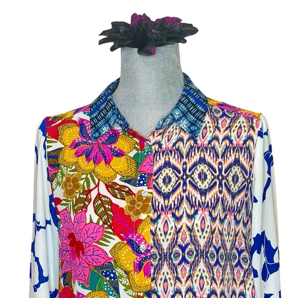 ROSE + OLIVE Blouse M Button Up Long Sleeve Mixed Media Top - Picture 4 of 12